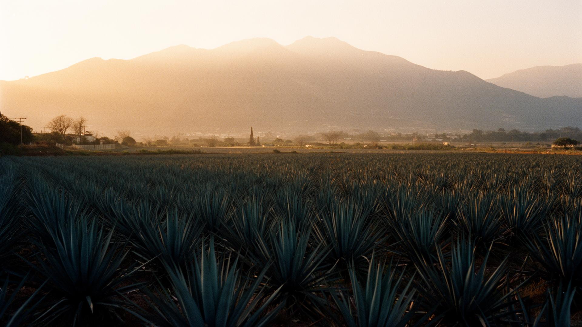 Blue agave fields stretching to mountains in Jalisco at golden hour