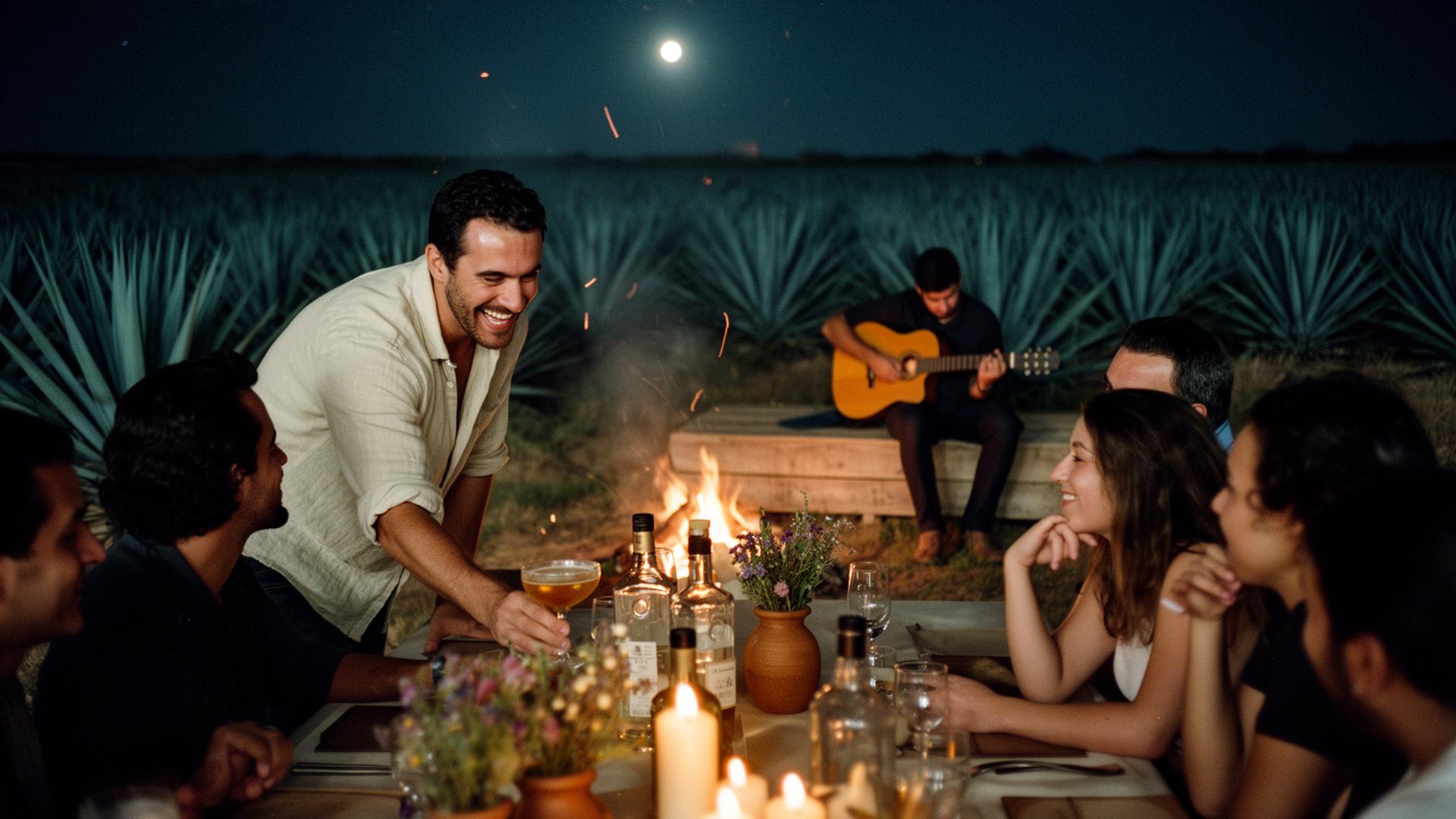 A small wooden stage at night in the agave field — a trio of musicians under string lights, a bonfire to the side